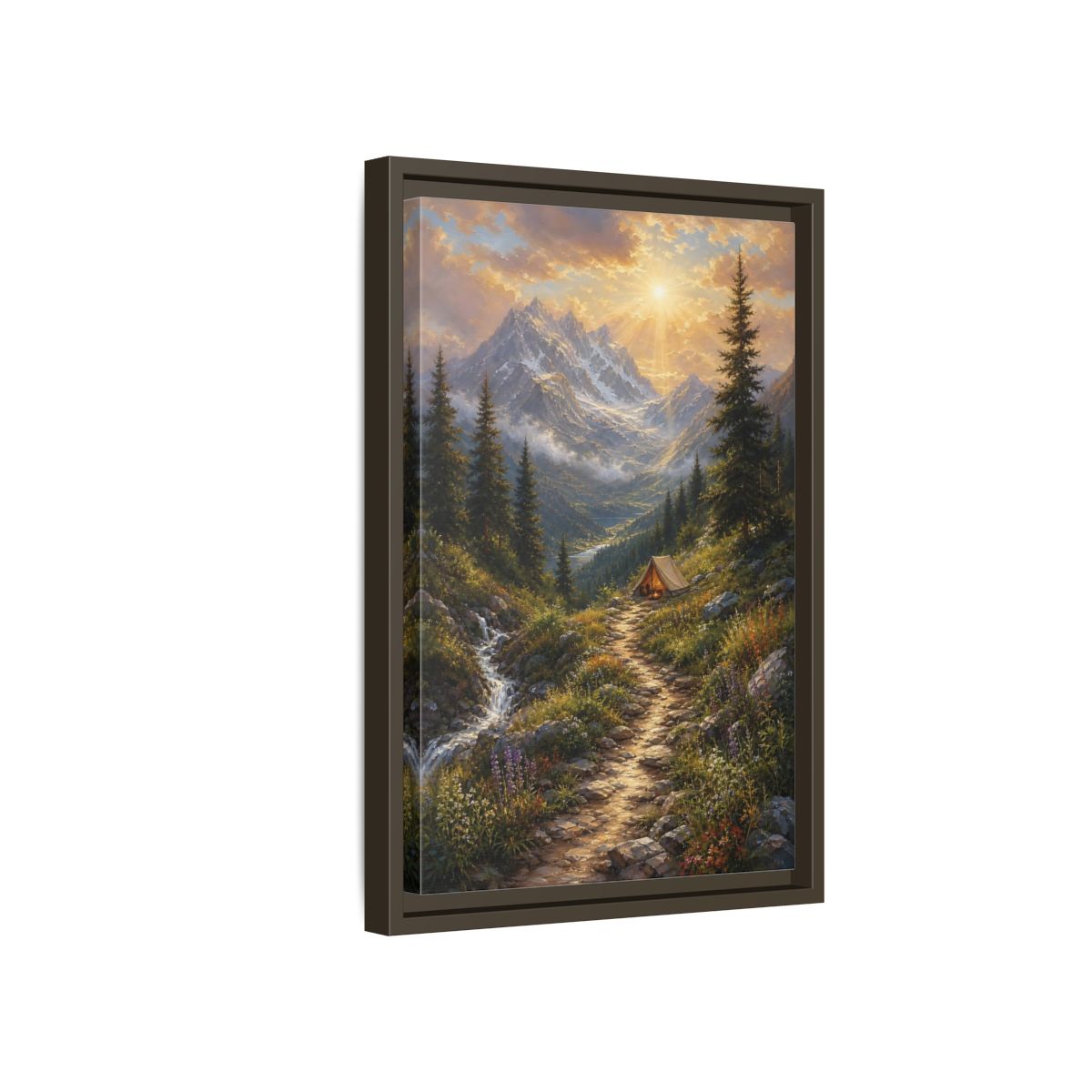 Side Mockup 5. Nature Mountain Campsite Golden Mountain Scene shown as stretched canvas wall art