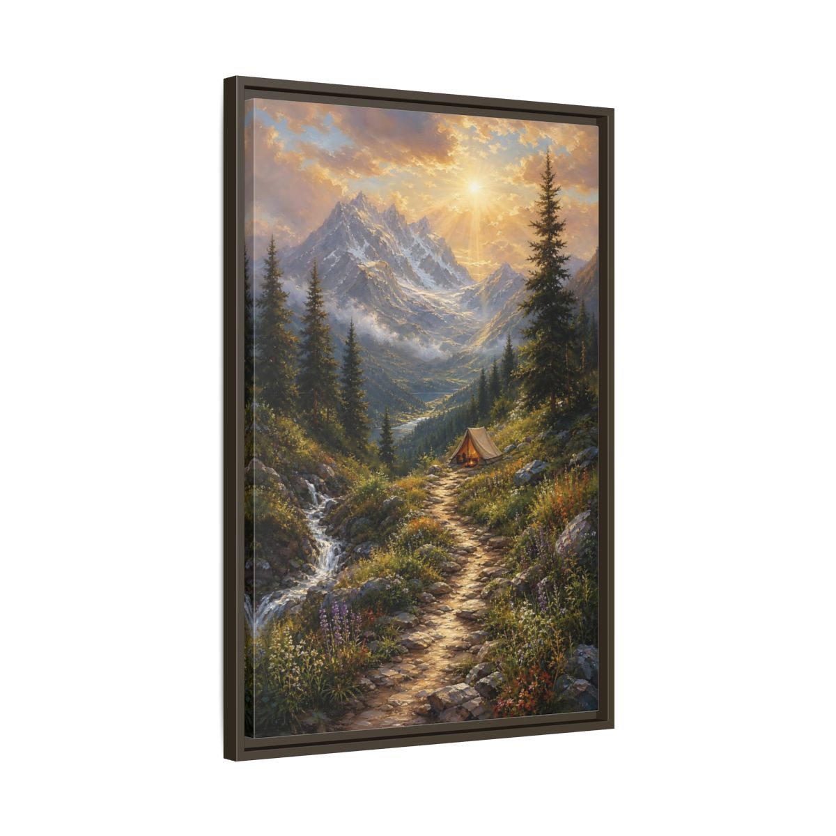 Side Mockup 11. Nature Mountain Campsite Golden Mountain Scene shown as stretched canvas wall art