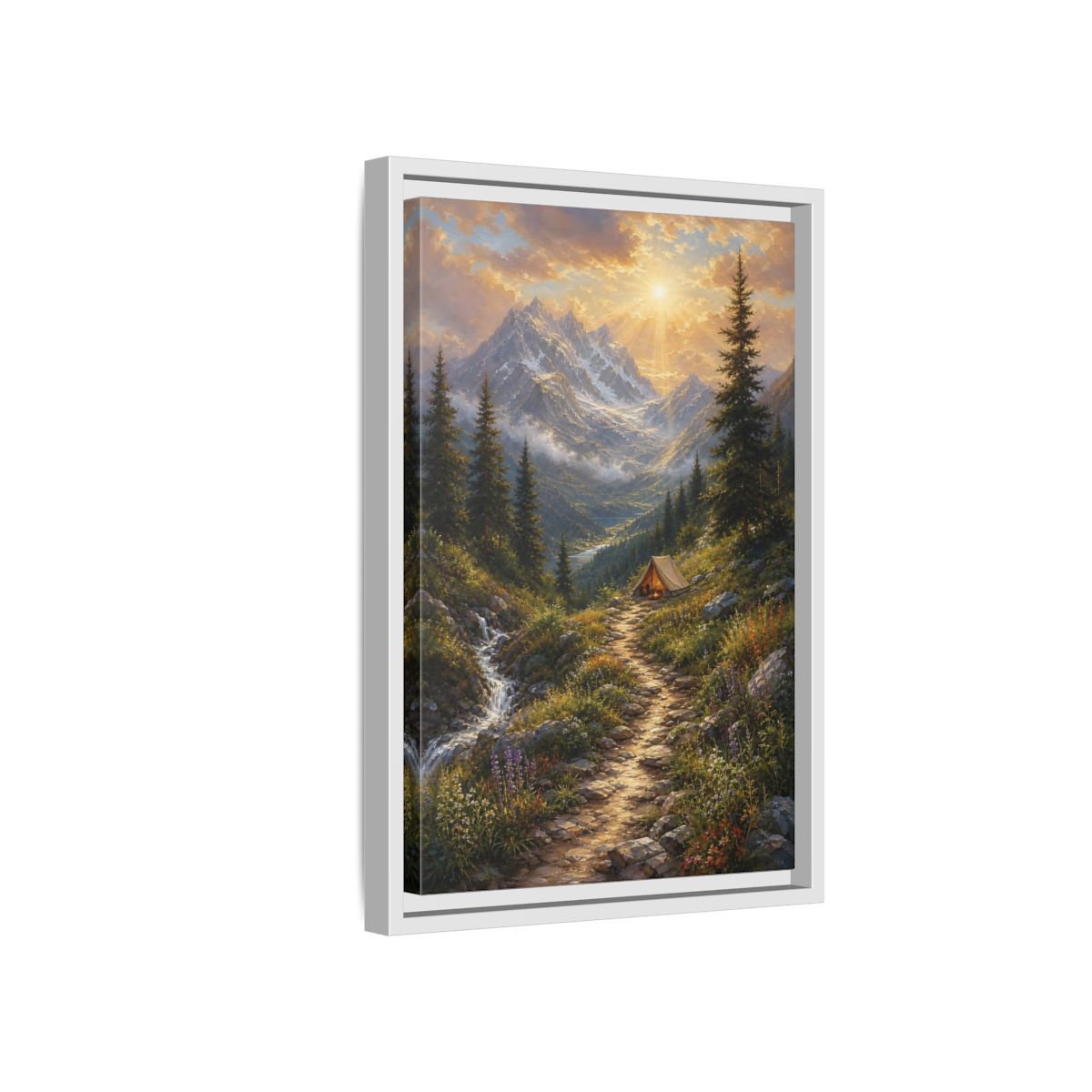 Side Mockup 4. Nature Mountain Campsite Golden Mountain Scene shown as stretched canvas wall art
