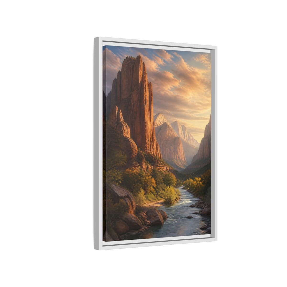 Side Mockup 1. Nature Mountain Canyon Orange And Blue shown as stretched canvas wall art