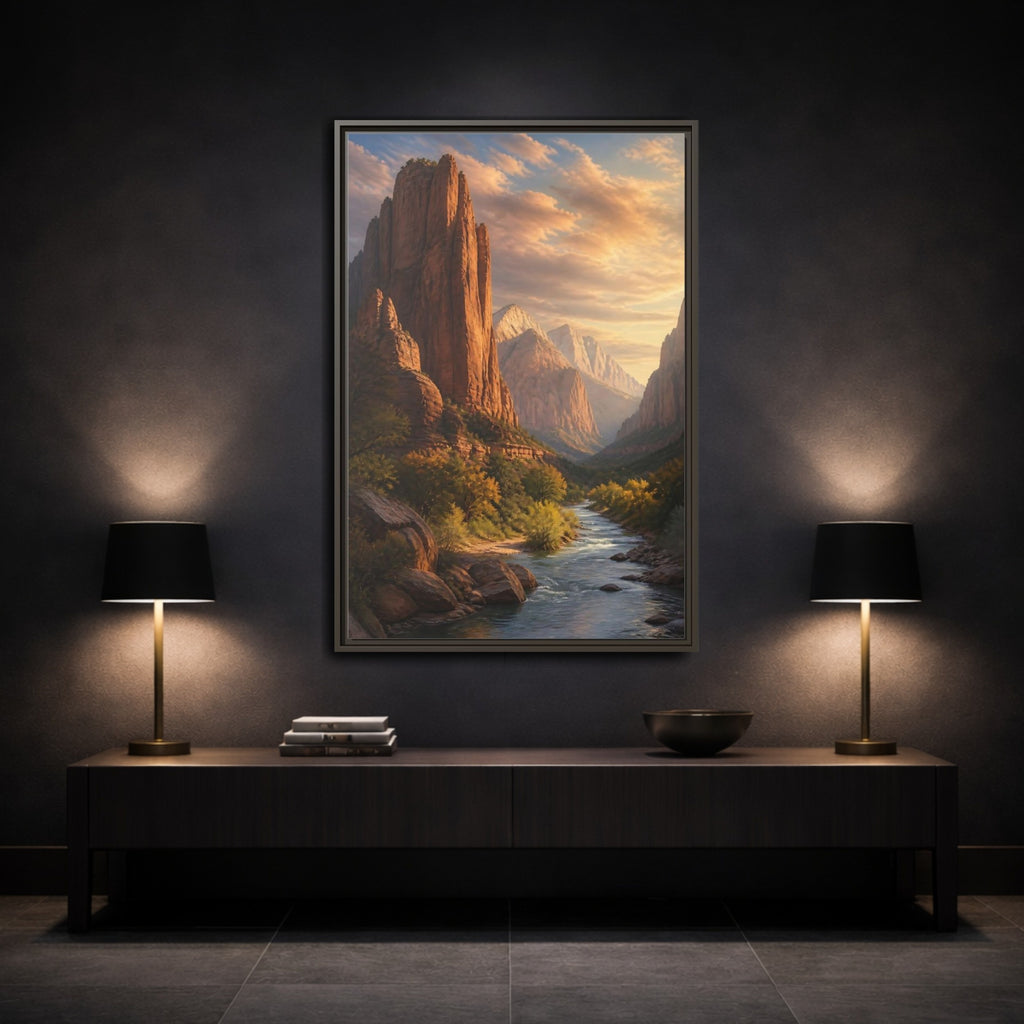 Mockup 3. Nature Mountain Canyon Orange And Blue shown as stretched canvas wall art