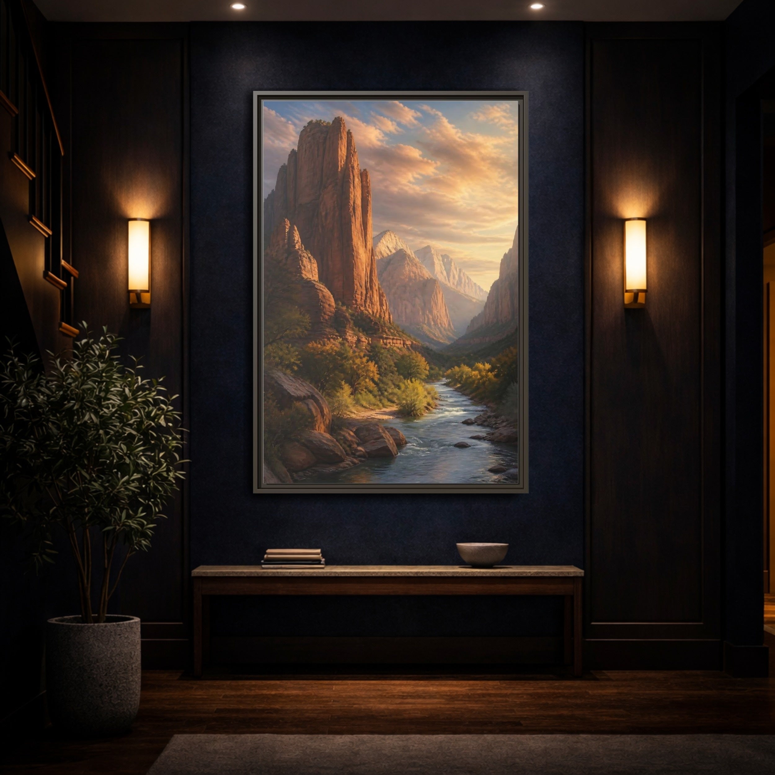Mockup 4. Nature Mountain Canyon Orange And Blue shown as stretched canvas wall art