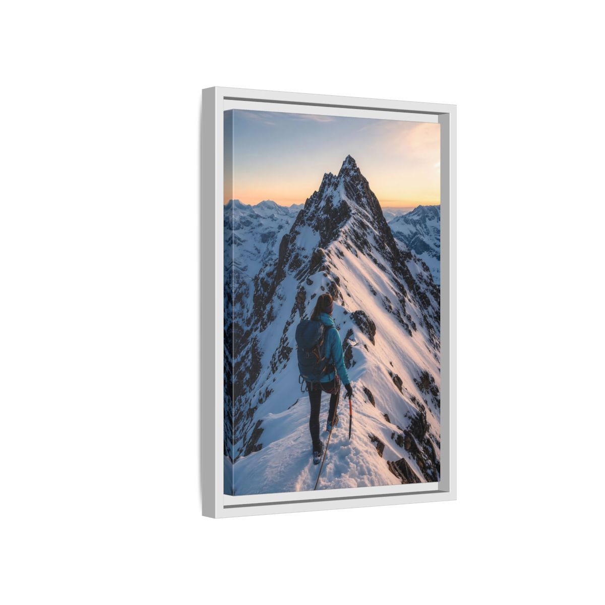 Side Mockup 4. Nature Mountain Climber Blue And Orange Mountain shown as framed canvas print