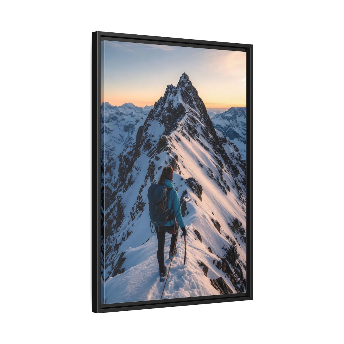 Side Mockup 14. Nature Mountain Climber Blue And Orange Mountain shown as framed canvas print