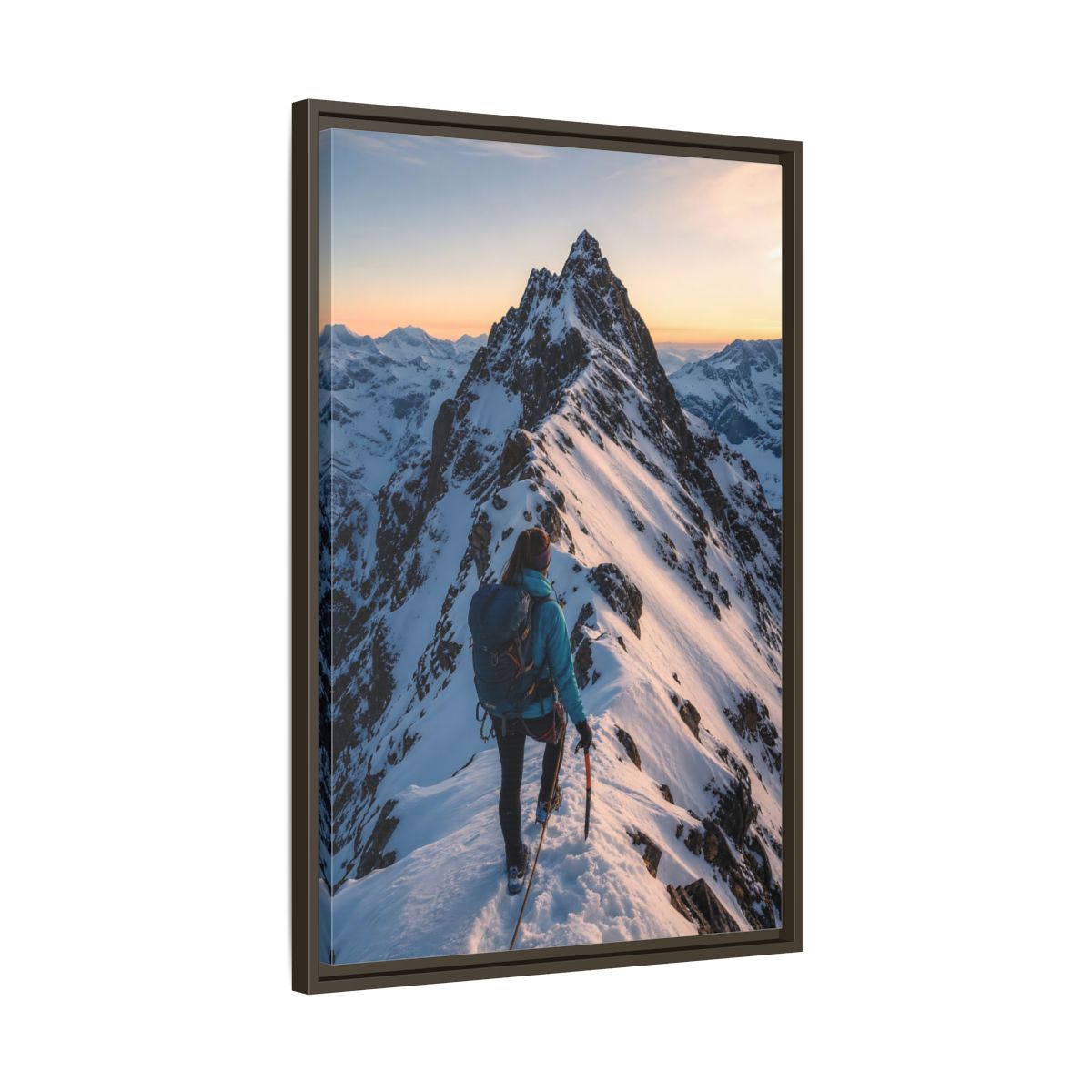 Side Mockup 11. Nature Mountain Climber Blue And Orange Mountain shown as framed canvas print