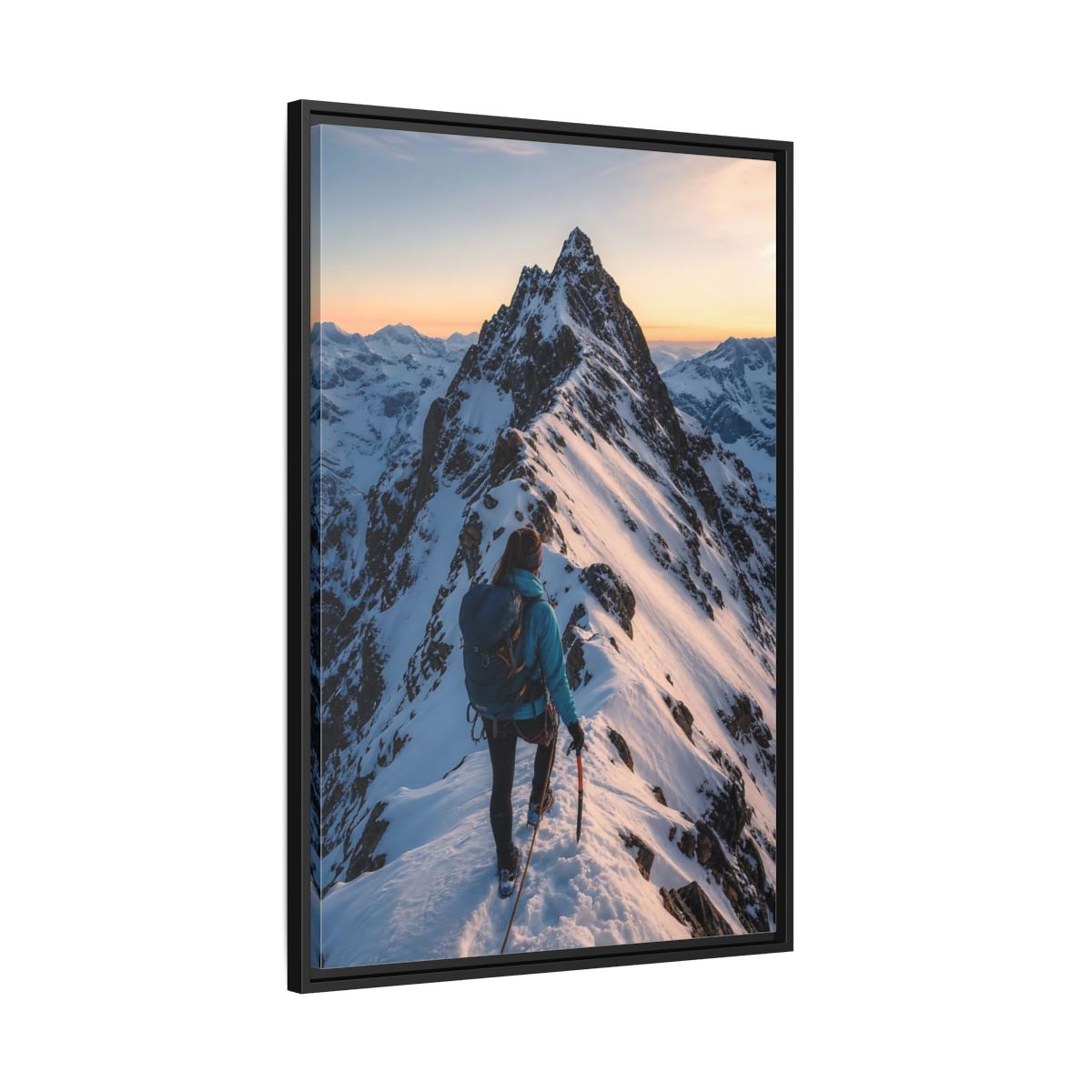 Side Mockup 13. Nature Mountain Climber Blue And Orange Mountain shown as framed canvas print