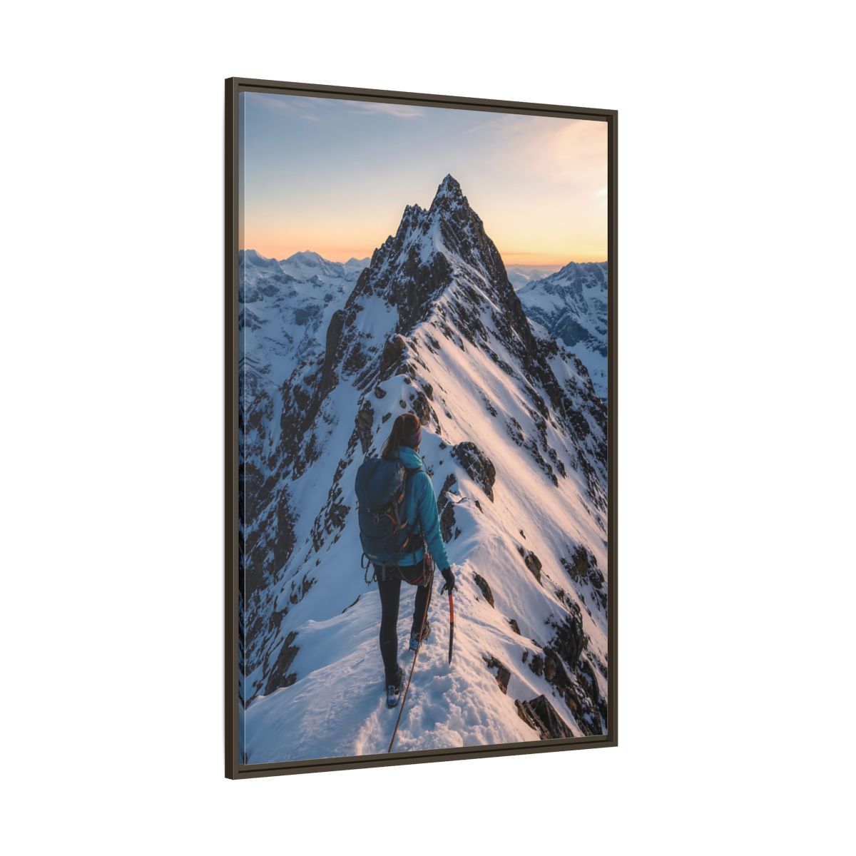 Side Mockup 8. Nature Mountain Climber Blue And Orange Mountain shown as framed canvas print