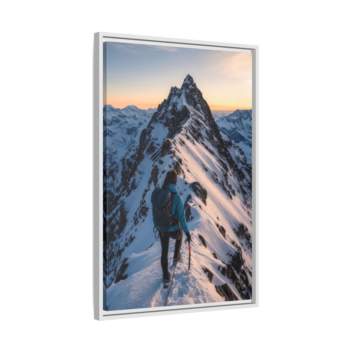Side Mockup 10. Nature Mountain Climber Blue And Orange Mountain shown as framed canvas print