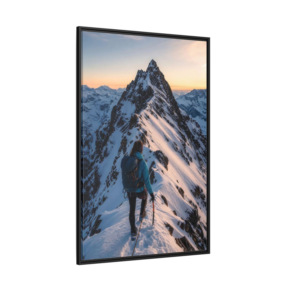 Side Mockup 12. Nature Mountain Climber Blue And Orange Mountain shown as framed canvas print