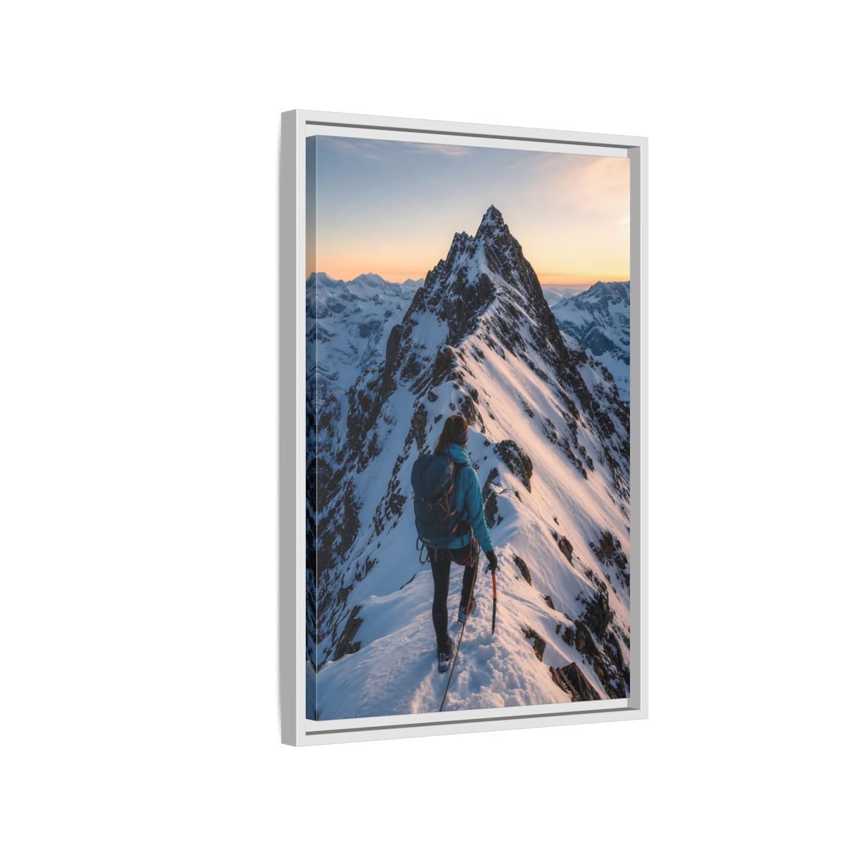Side Mockup 1. Nature Mountain Climber Blue And Orange Mountain shown as framed canvas print