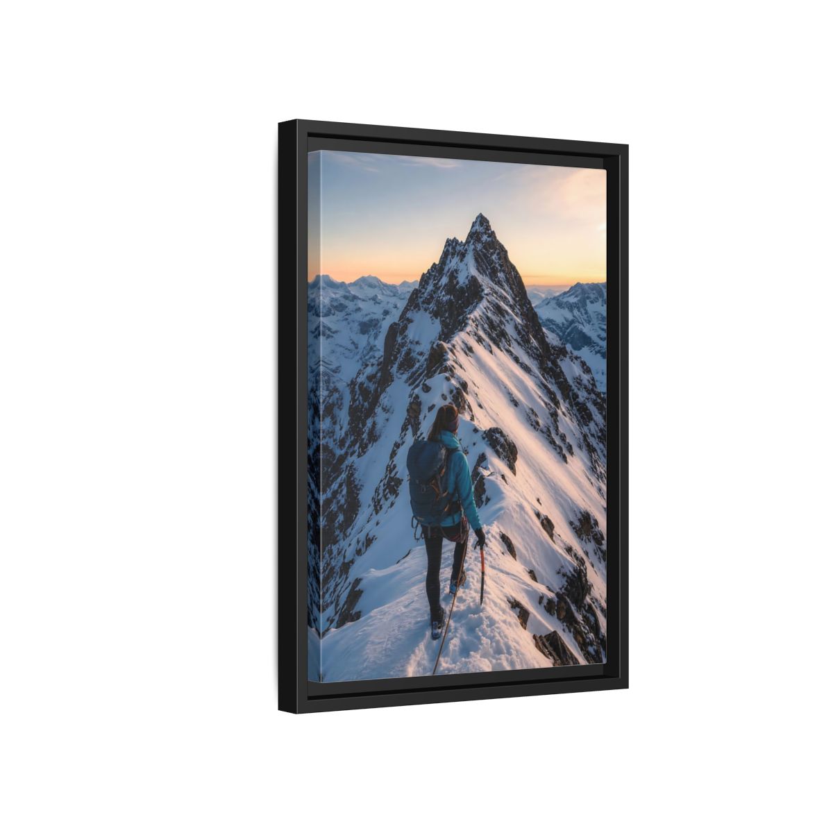 Side Mockup 6. Nature Mountain Climber Blue And Orange Mountain shown as framed canvas print