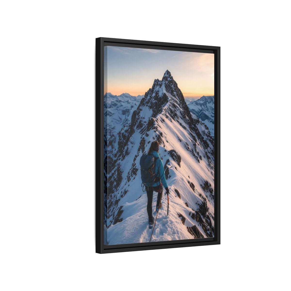 Side Mockup 3. Nature Mountain Climber Blue And Orange Mountain shown as framed canvas print