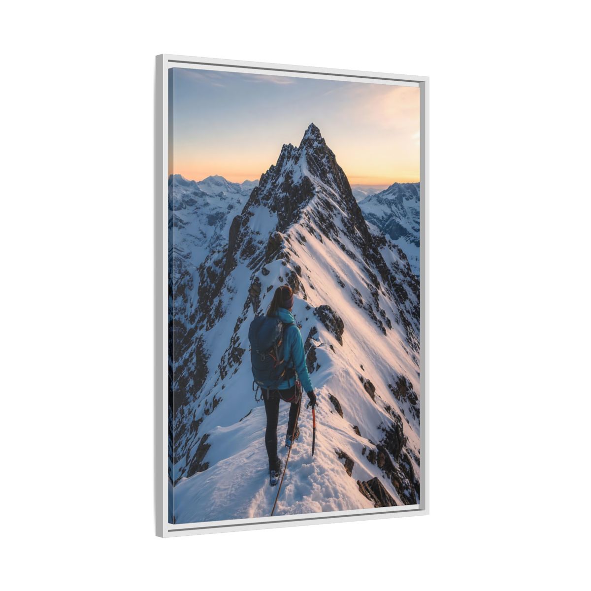 Side Mockup 9. Nature Mountain Climber Blue And Orange Mountain shown as framed canvas print
