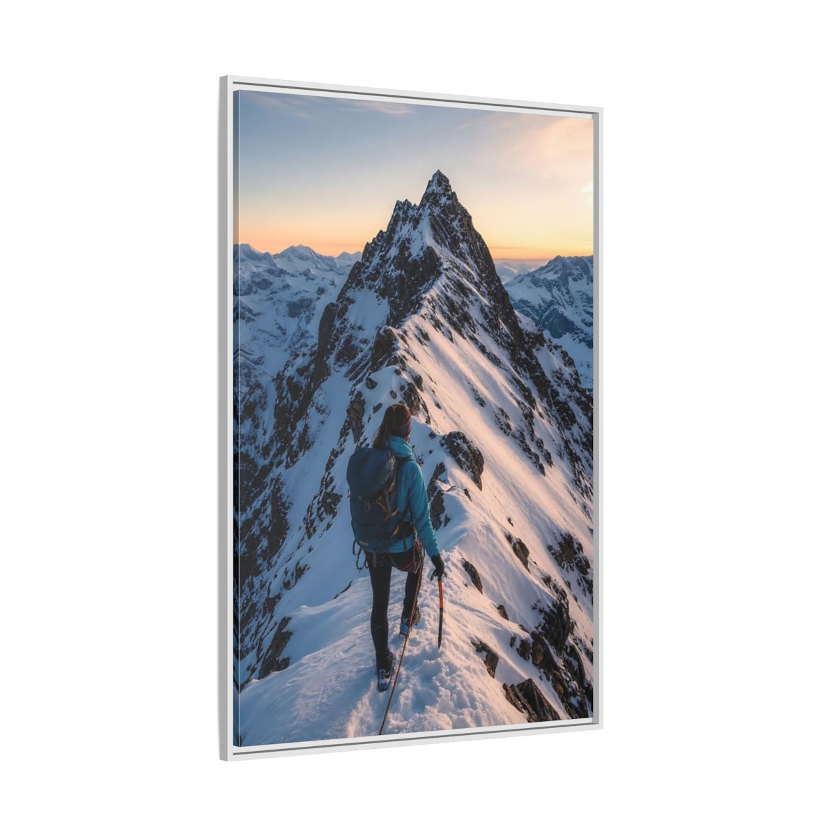Side Mockup 7. Nature Mountain Climber Blue And Orange Mountain shown as framed canvas print