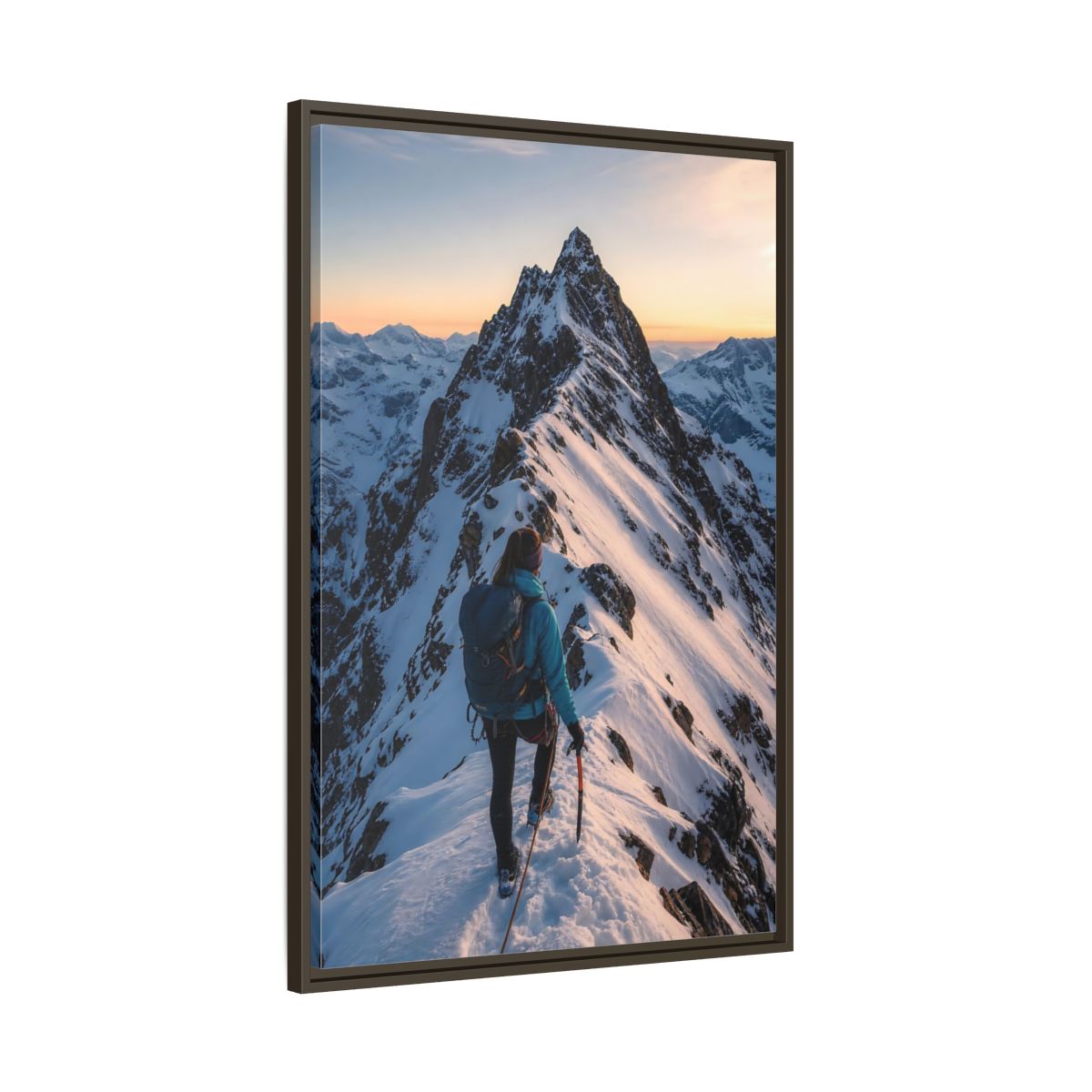 Main Mockup. Nature Mountain Climber Blue And Orange Mountain shown as framed canvas print