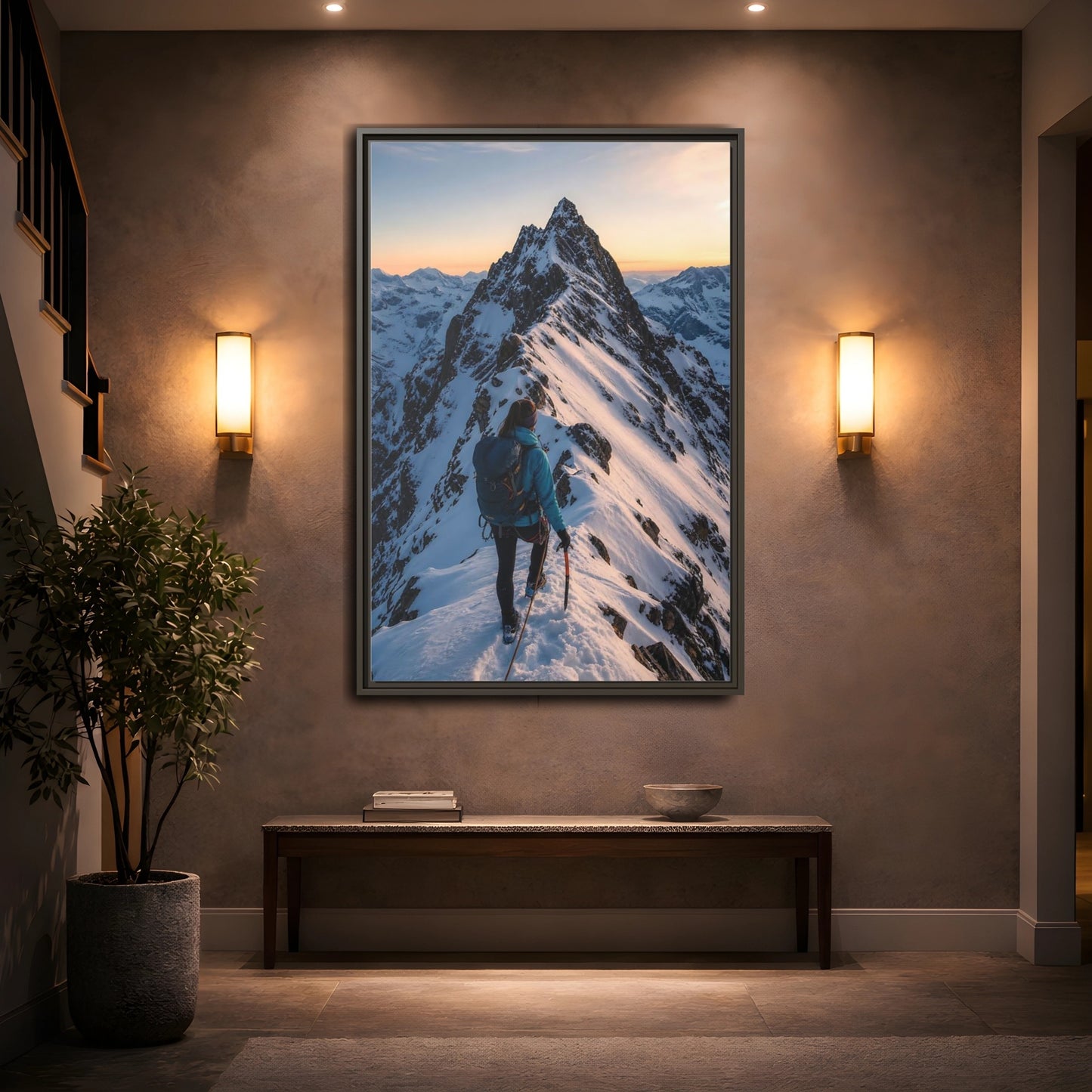 Mockup 2. Nature Mountain Climber Blue And Orange Mountain shown as framed canvas print