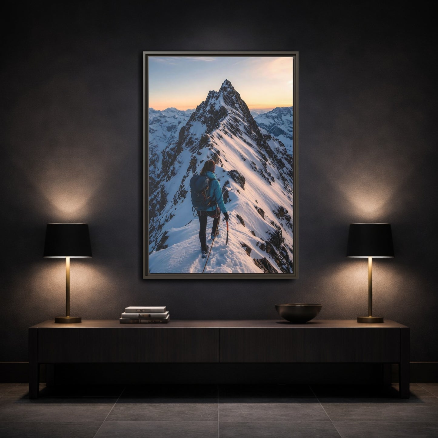 Mockup 3. Nature Mountain Climber Blue And Orange Mountain shown as framed canvas print