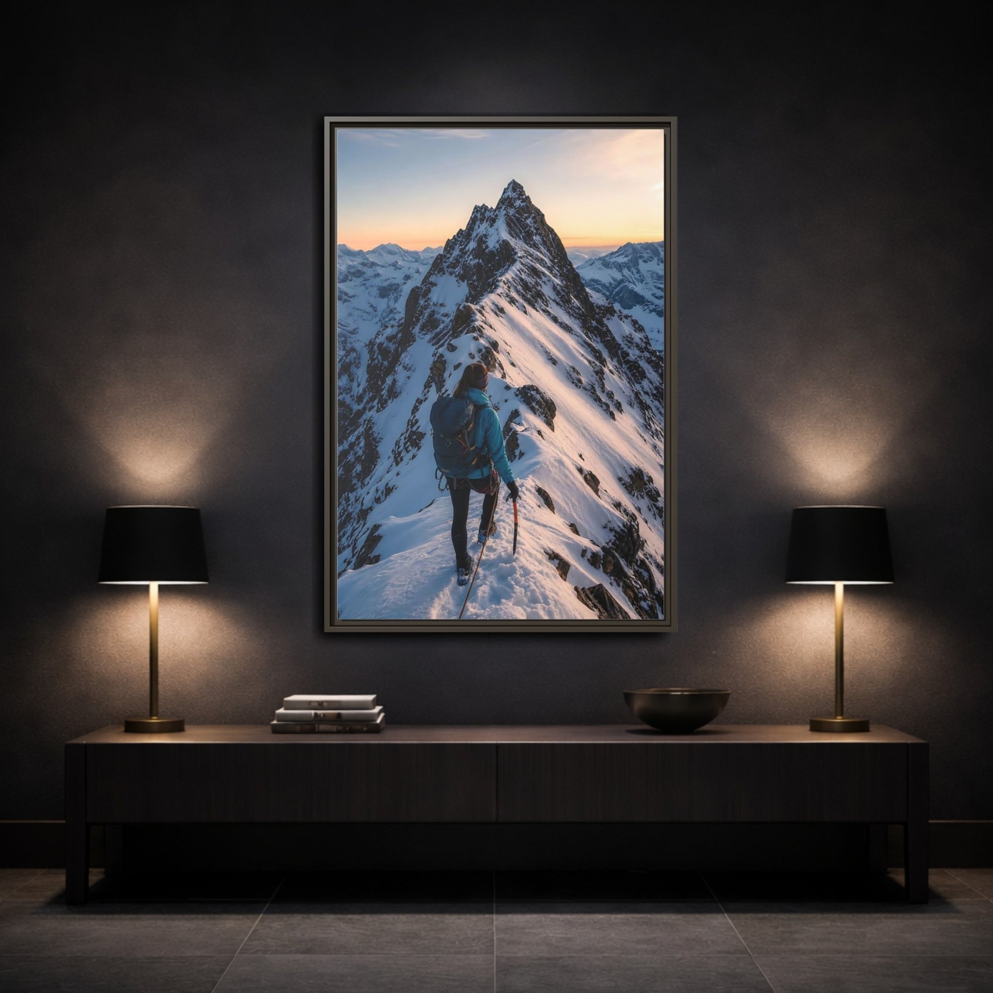 Mockup 3. Nature Mountain Climber Blue And Orange Mountain shown as framed canvas print
