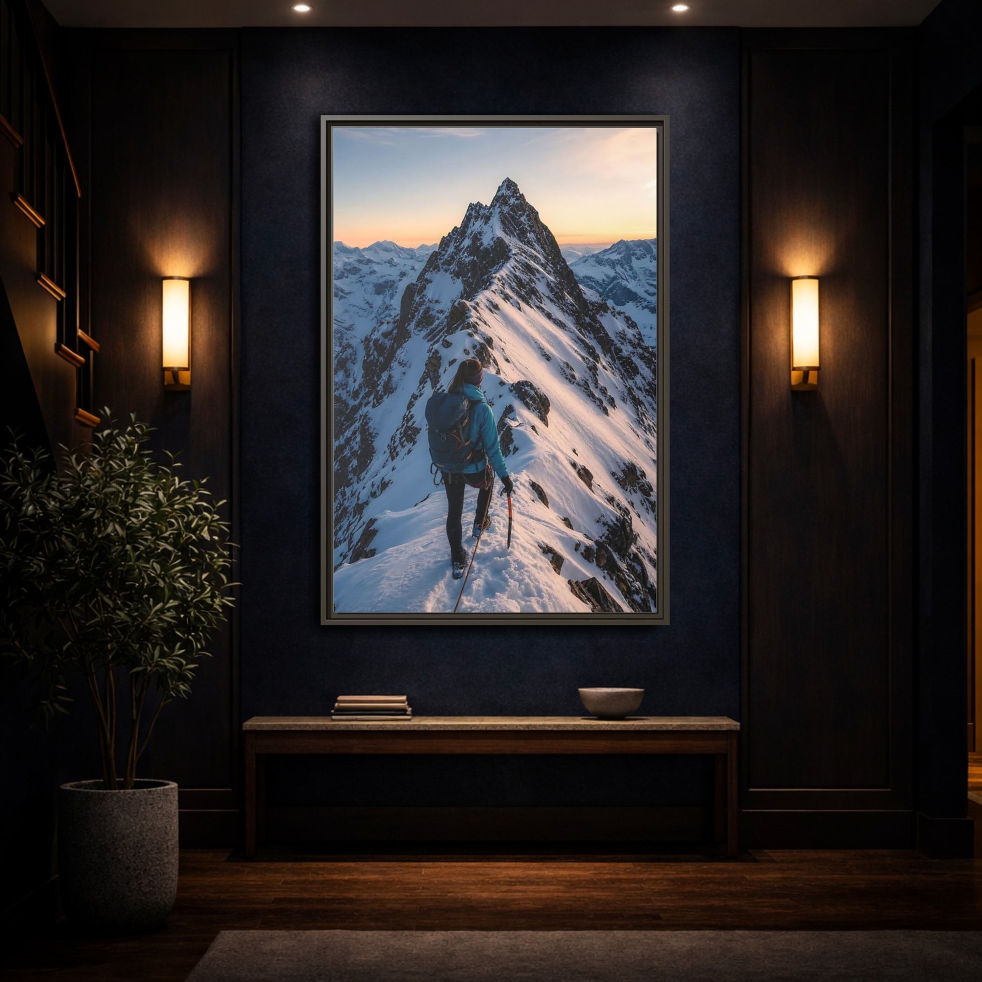 Mockup 4. Nature Mountain Climber Blue And Orange Mountain shown as framed canvas print