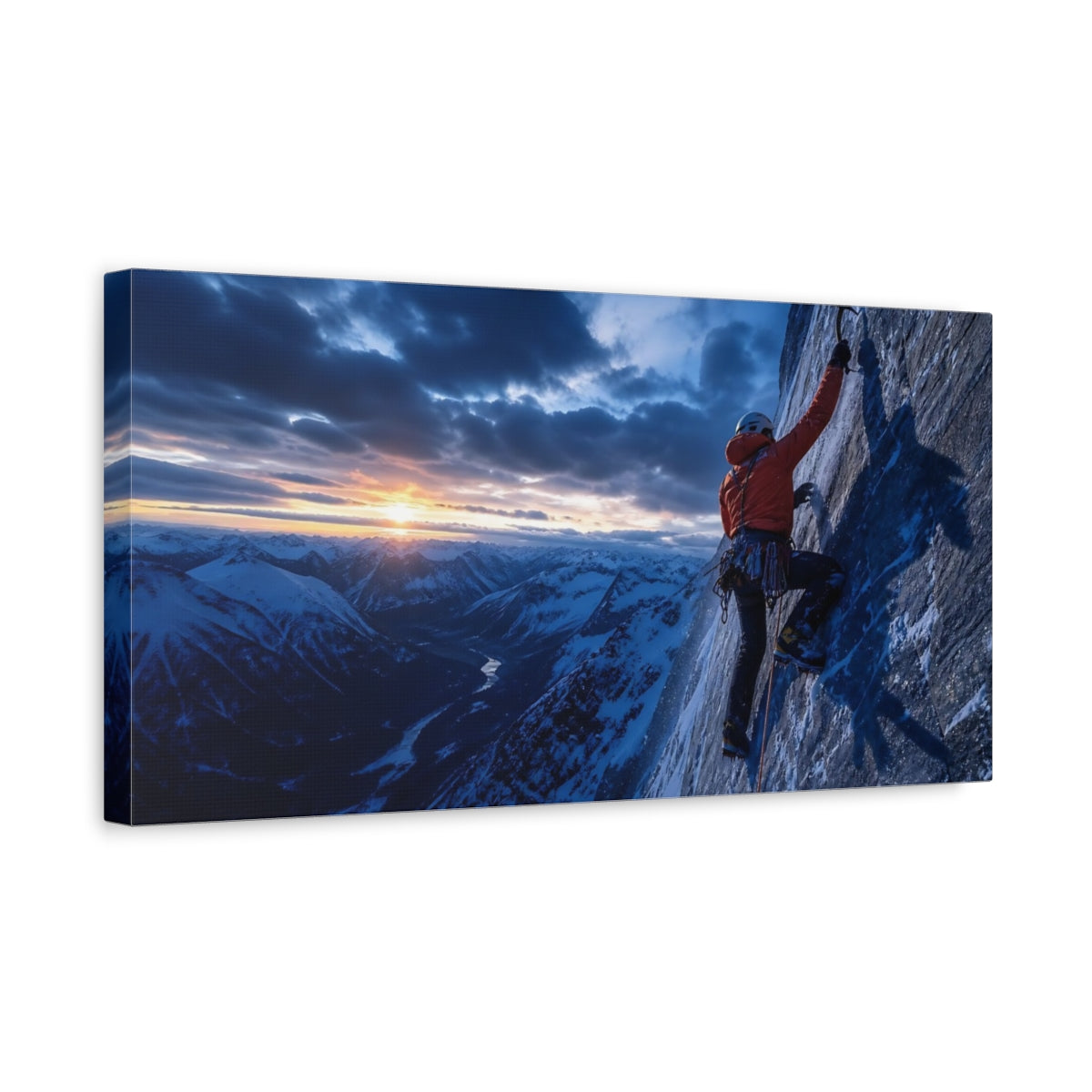 Side Mockup 3. Nature Mountain Climber Orange And Blue Mountains shown as canvas print