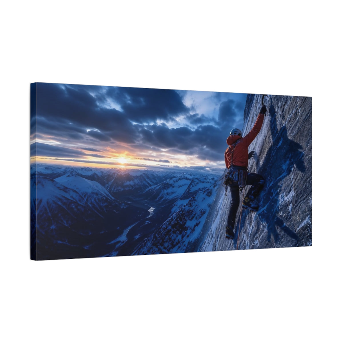 Side Mockup 1. Nature Mountain Climber Orange And Blue Mountains shown as canvas print