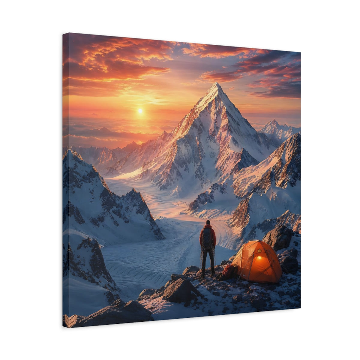 Side Mockup 4. Nature Mountain Climber Orange Sunset Mountain shown as stretched canvas wall art