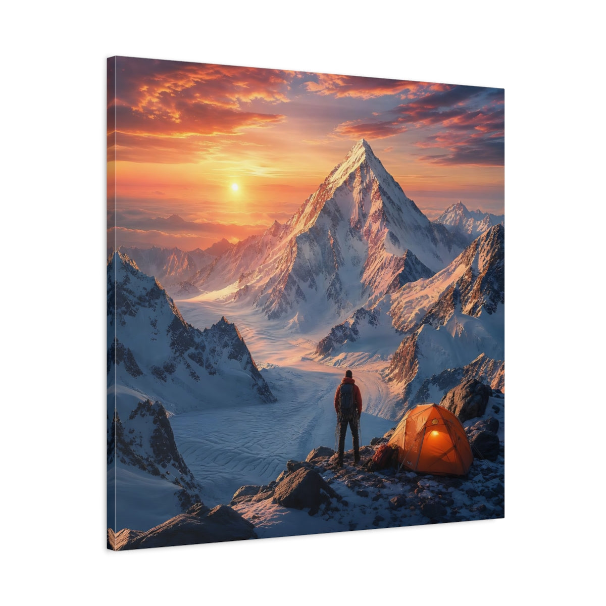 Side Mockup 3. Nature Mountain Climber Orange Sunset Mountain shown as stretched canvas wall art