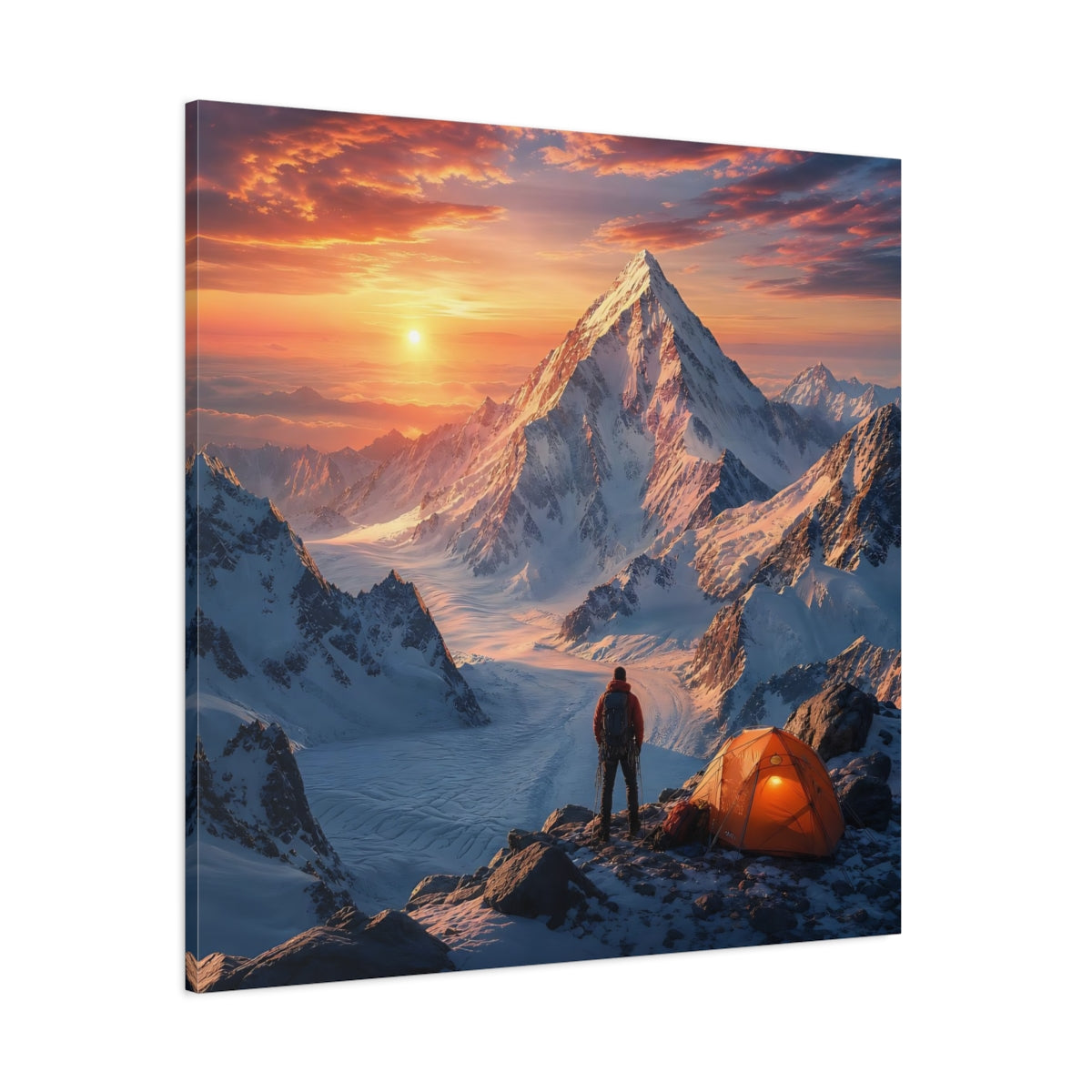 Side Mockup 1. Nature Mountain Climber Orange Sunset Mountain shown as stretched canvas wall art