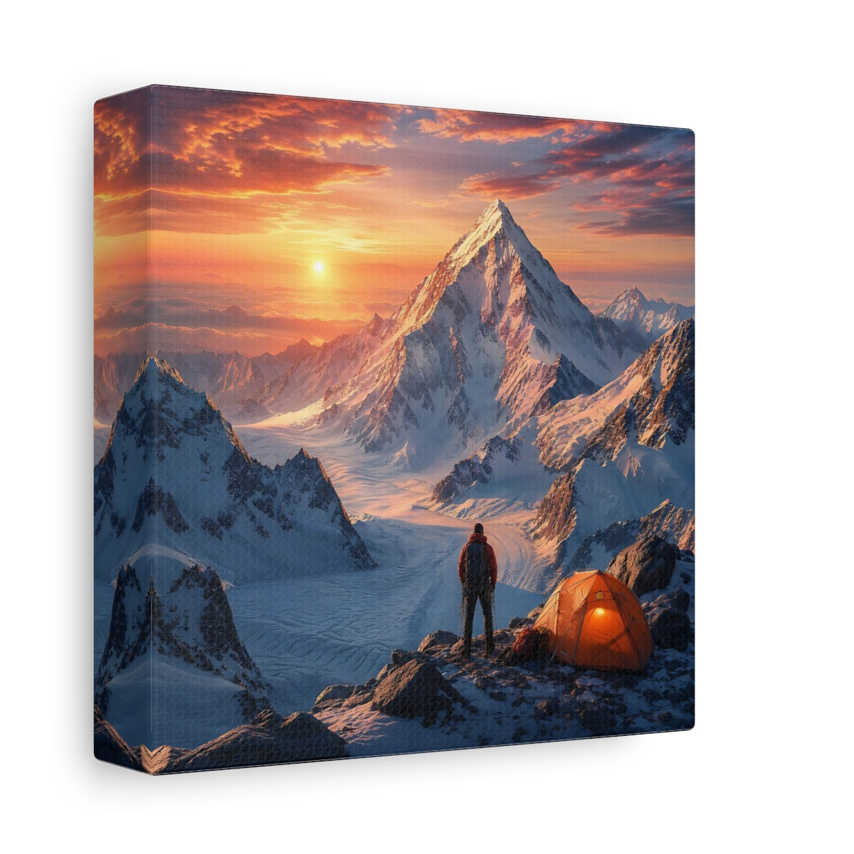 Side Mockup 2. Nature Mountain Climber Orange Sunset Mountain shown as stretched canvas wall art