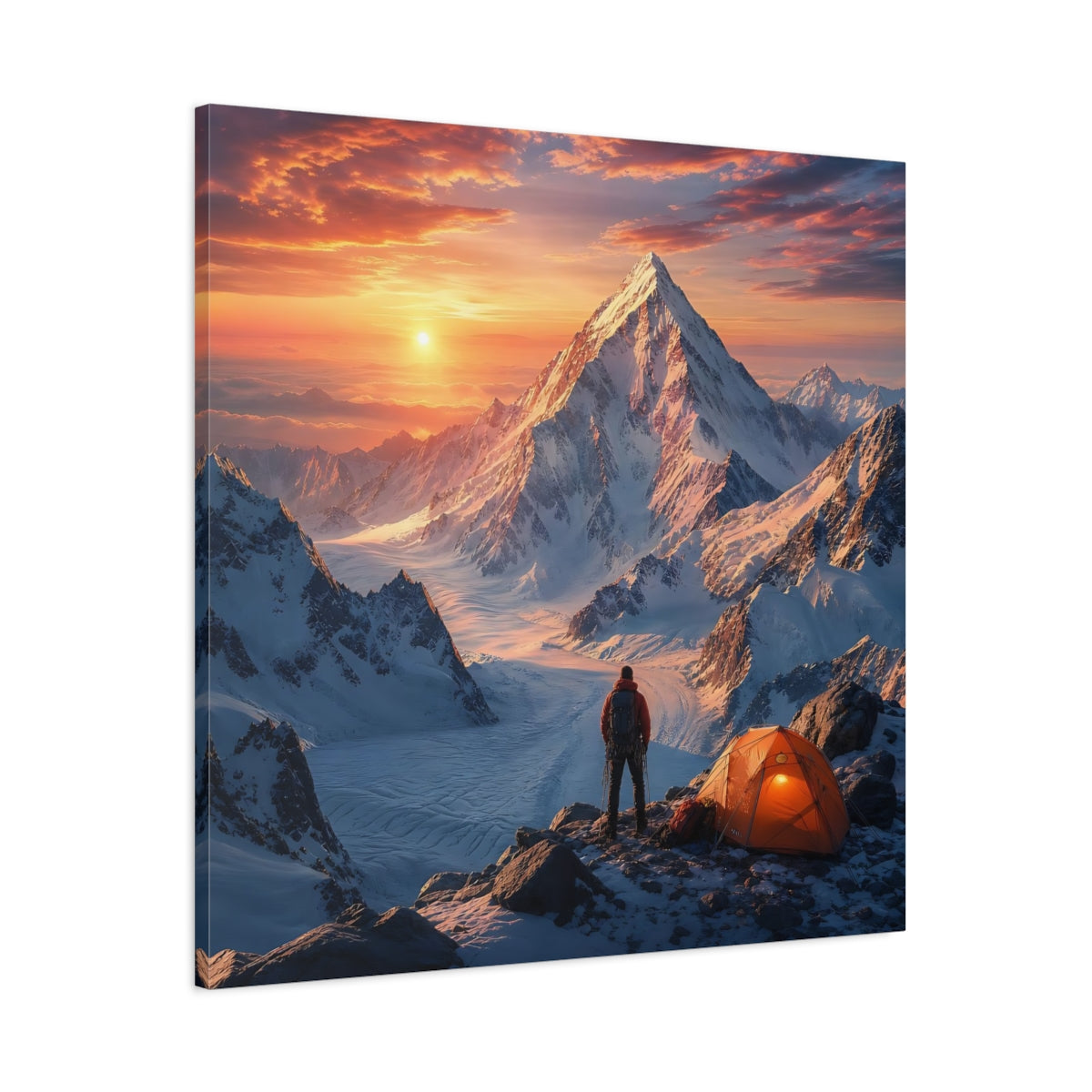 Main Mockup. Nature Mountain Climber Orange Sunset Mountain shown as stretched canvas wall art
