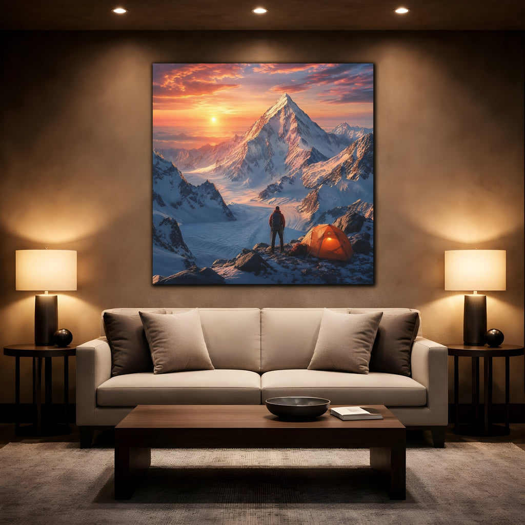 Mockup 2. Nature Mountain Climber Orange Sunset Mountain shown as stretched canvas wall art