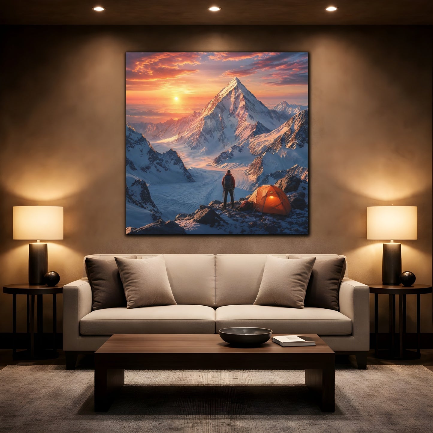 Mockup 2. Nature Mountain Climber Orange Sunset Mountain shown as stretched canvas wall art