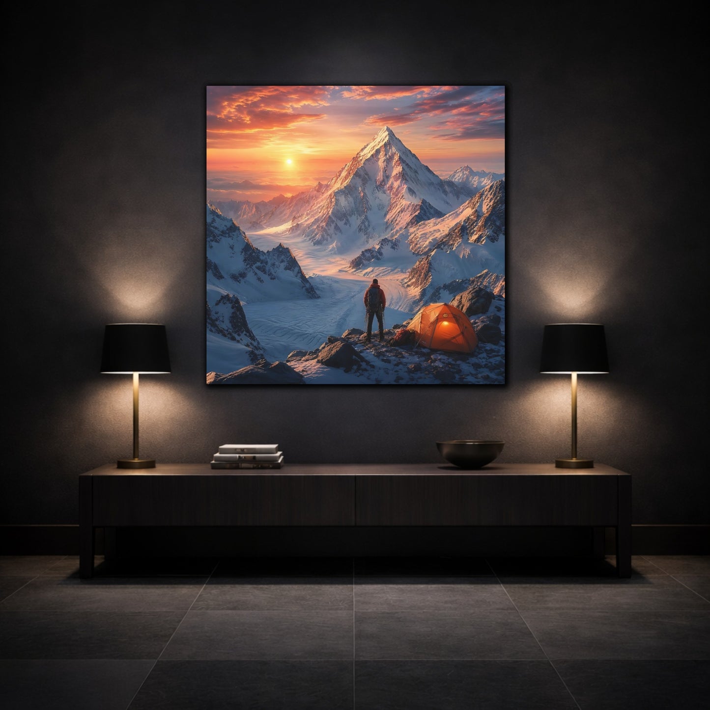 Mockup 3. Nature Mountain Climber Orange Sunset Mountain shown as stretched canvas wall art