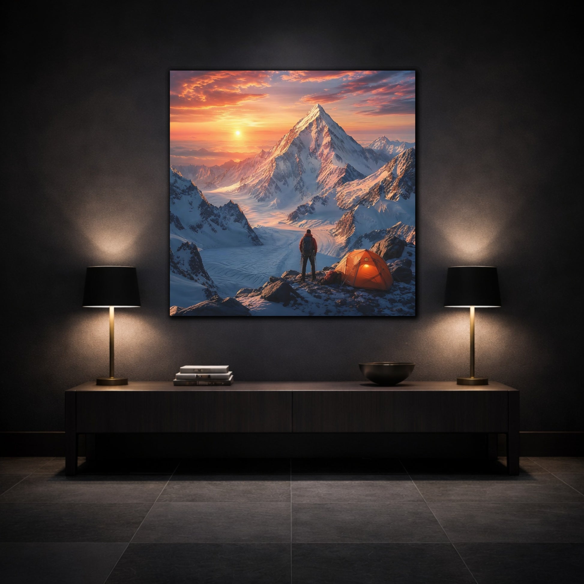 Mockup 3. Nature Mountain Climber Orange Sunset Mountain shown as stretched canvas wall art