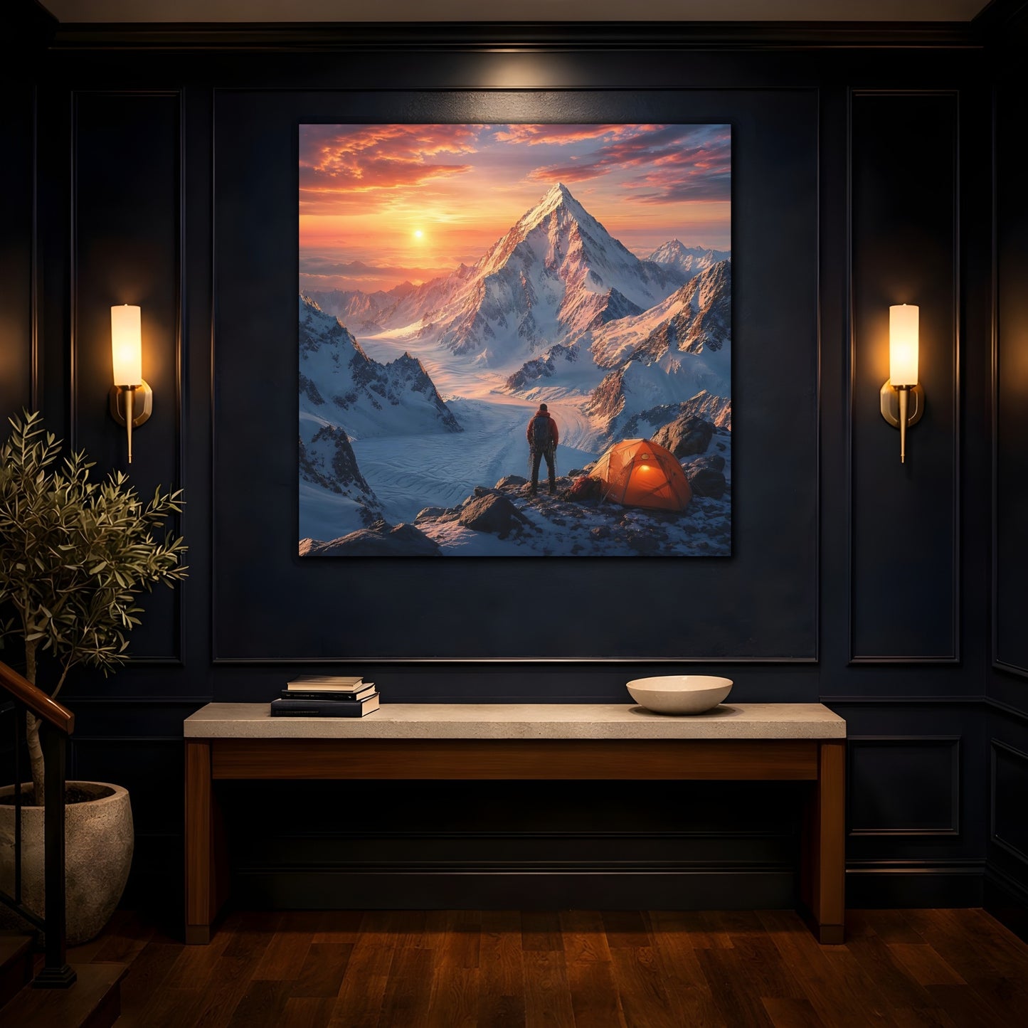 Mockup 4. Nature Mountain Climber Orange Sunset Mountain shown as stretched canvas wall art