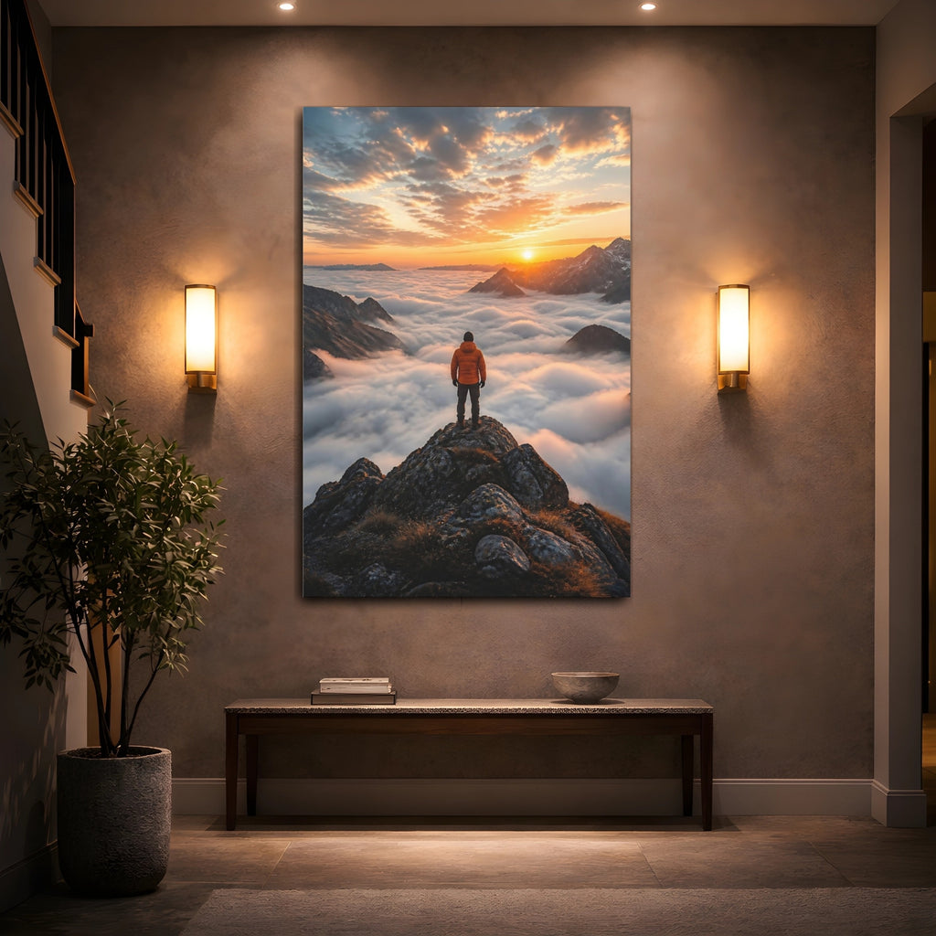 Mockup 2. Nature Mountain Climber Orange Sunset shown as stretched canvas wall art