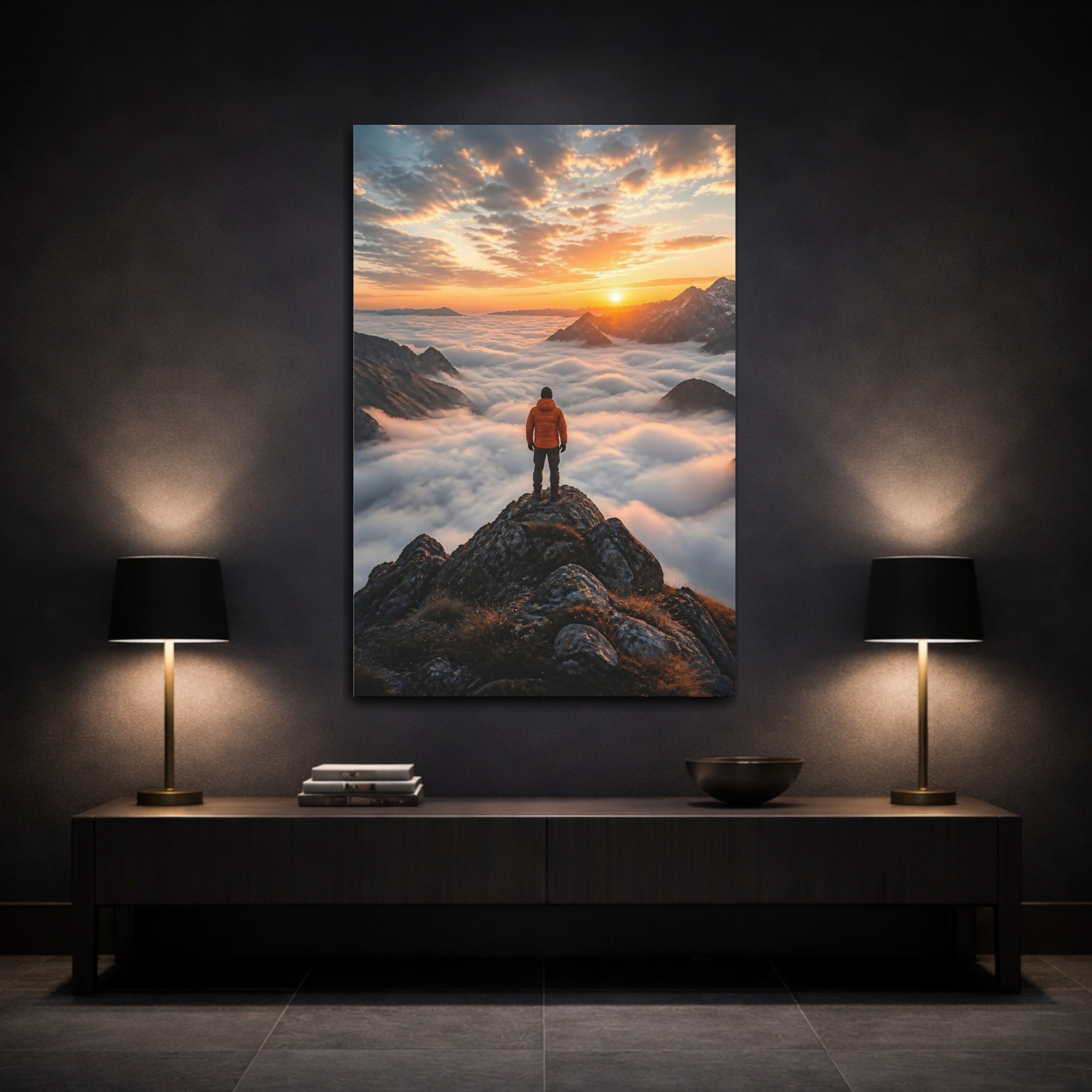 Mockup 3. Nature Mountain Climber Orange Sunset shown as stretched canvas wall art
