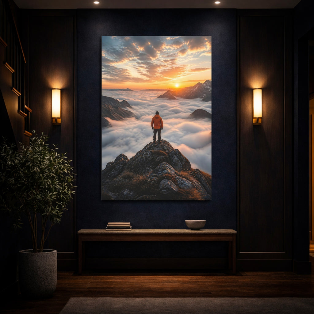 Mockup 4. Nature Mountain Climber Orange Sunset shown as stretched canvas wall art