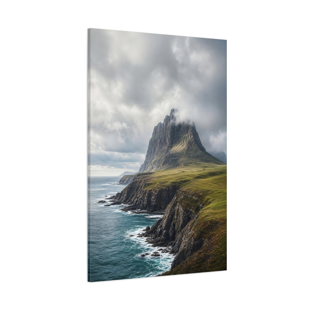 Side Mockup 1. Nature Mountain Coast Blue Grey Landscape shown as stretched canvas wall art