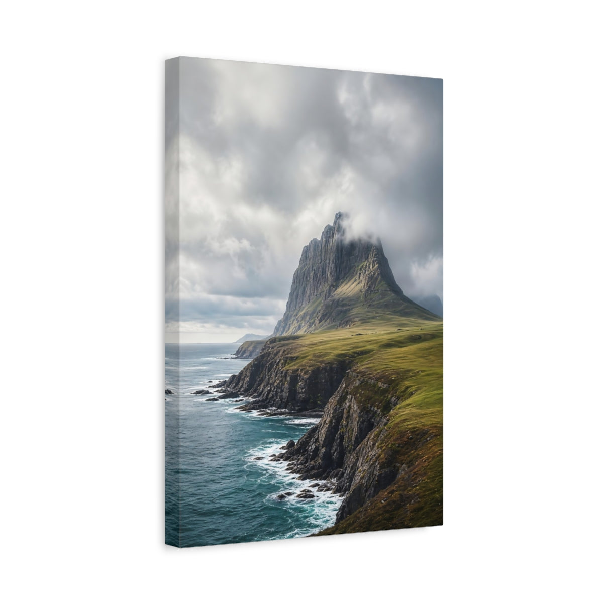 Side Mockup 4. Nature Mountain Coast Blue Grey Landscape shown as stretched canvas wall art