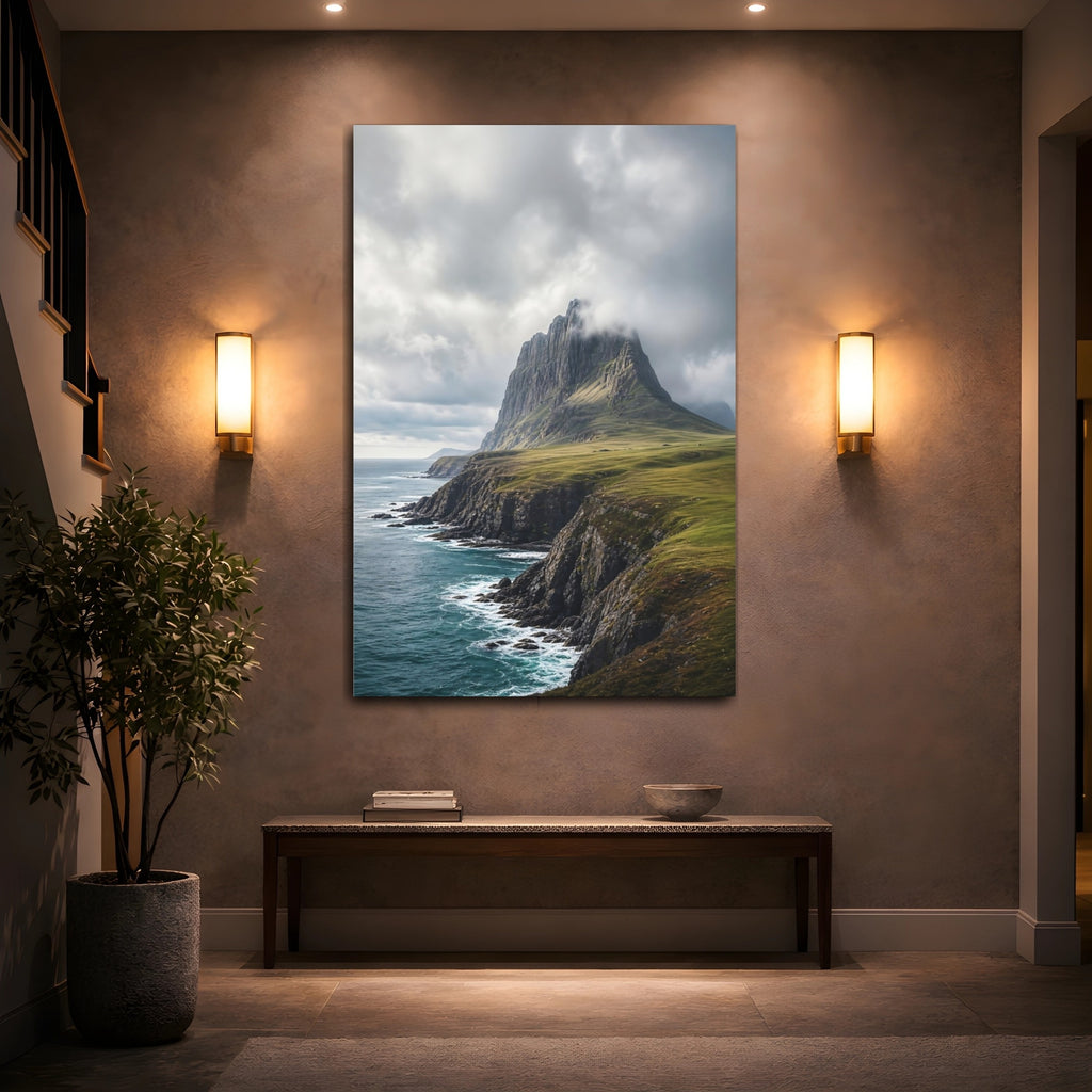 Mockup 2. Nature Mountain Coast Blue Grey Landscape shown as stretched canvas wall art