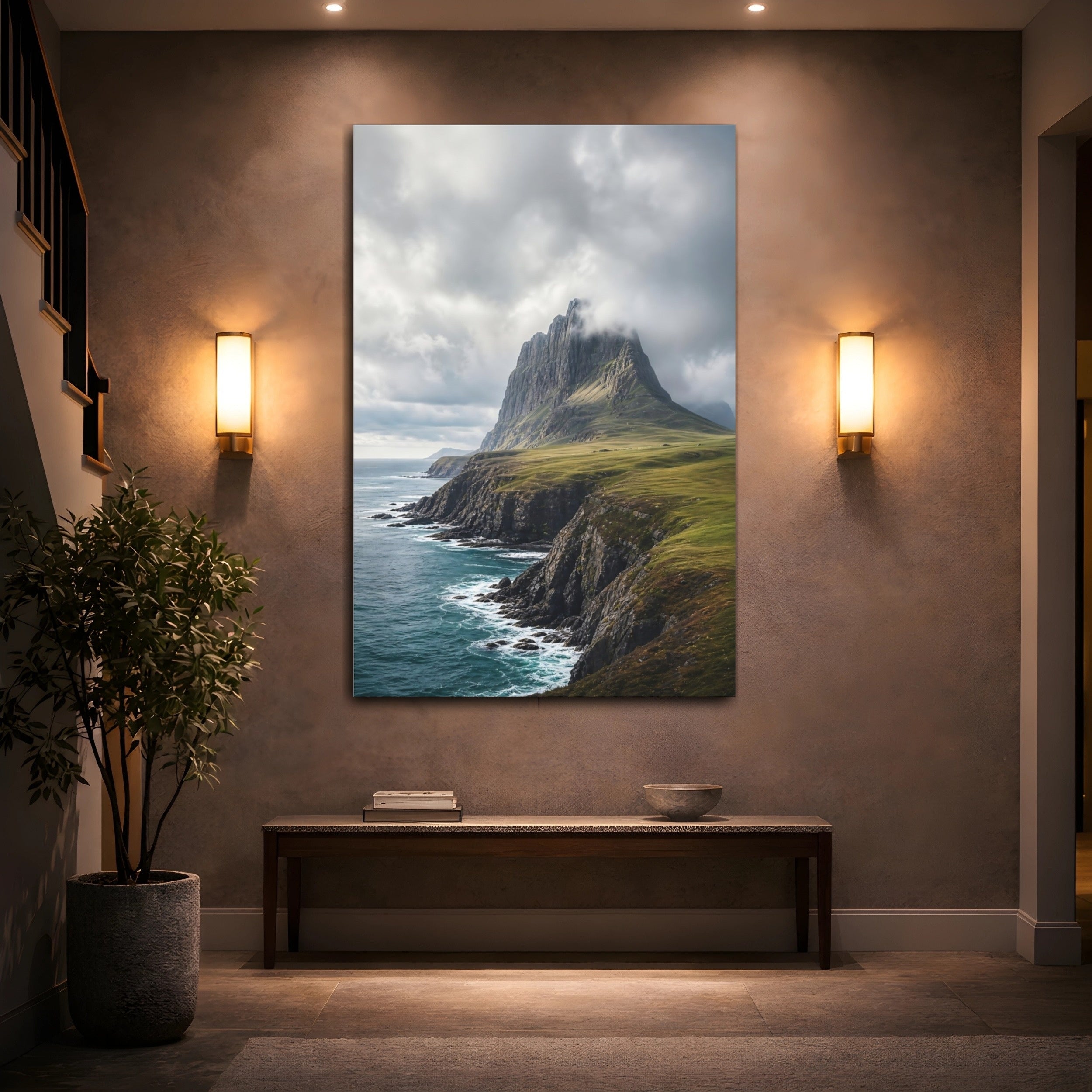 Mockup 2. Nature Mountain Coast Blue Grey Landscape shown as stretched canvas wall art