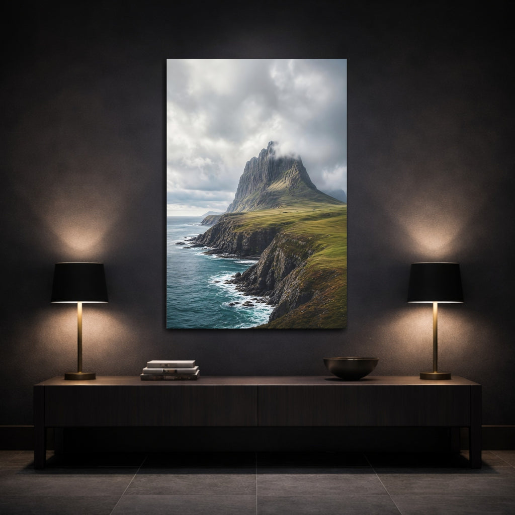 Mockup 3. Nature Mountain Coast Blue Grey Landscape shown as stretched canvas wall art