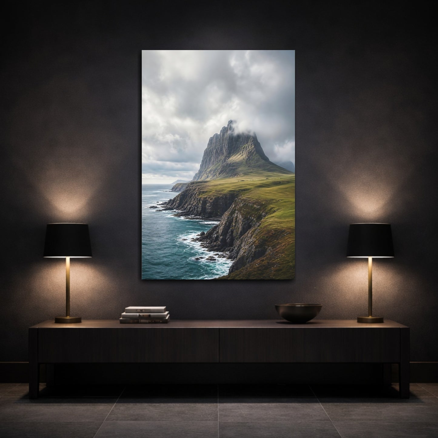 Mockup 3. Nature Mountain Coast Blue Grey Landscape shown as stretched canvas wall art
