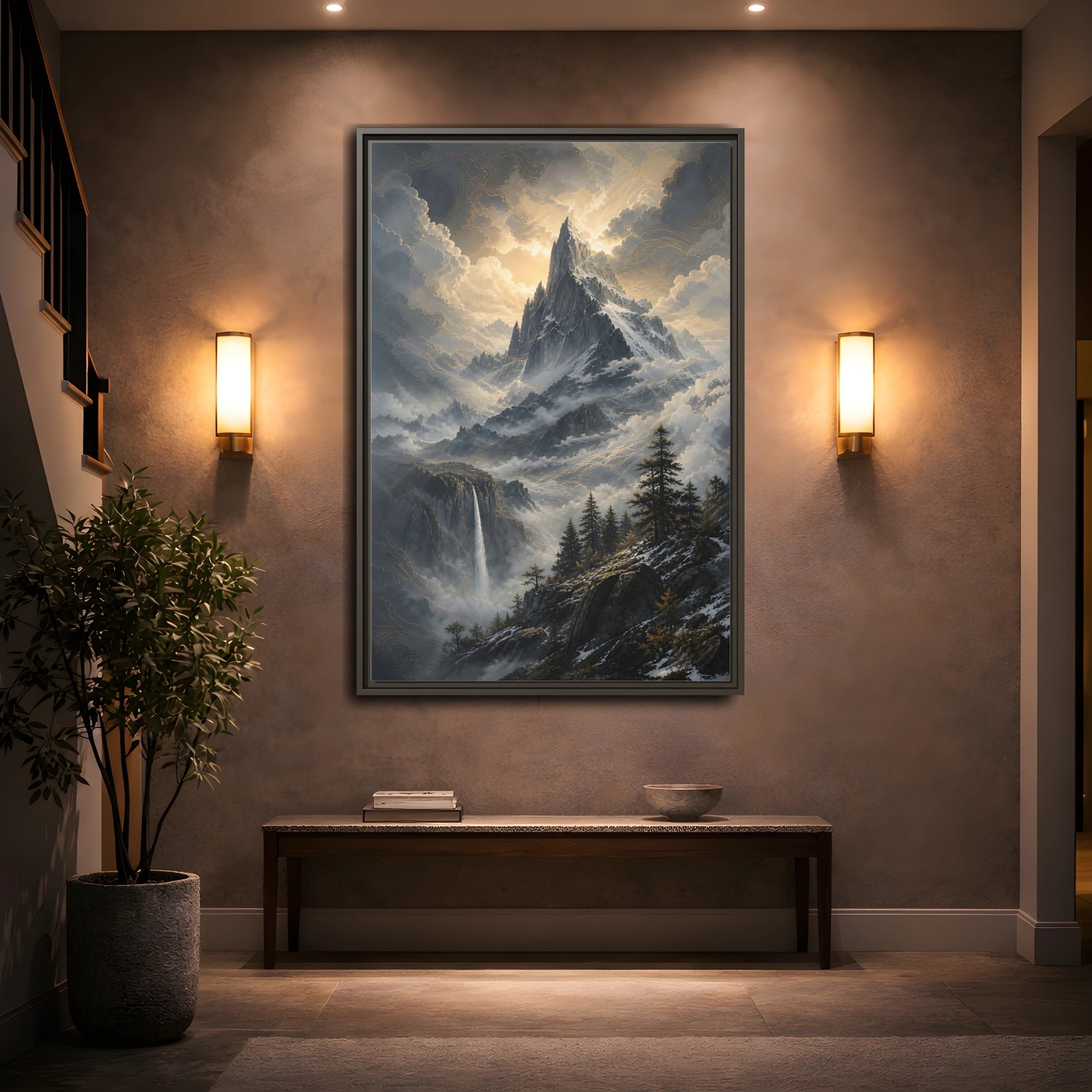 Mockup 2. Nature Mountain Dramatic Mountain Scenery shown as stretched canvas wall art