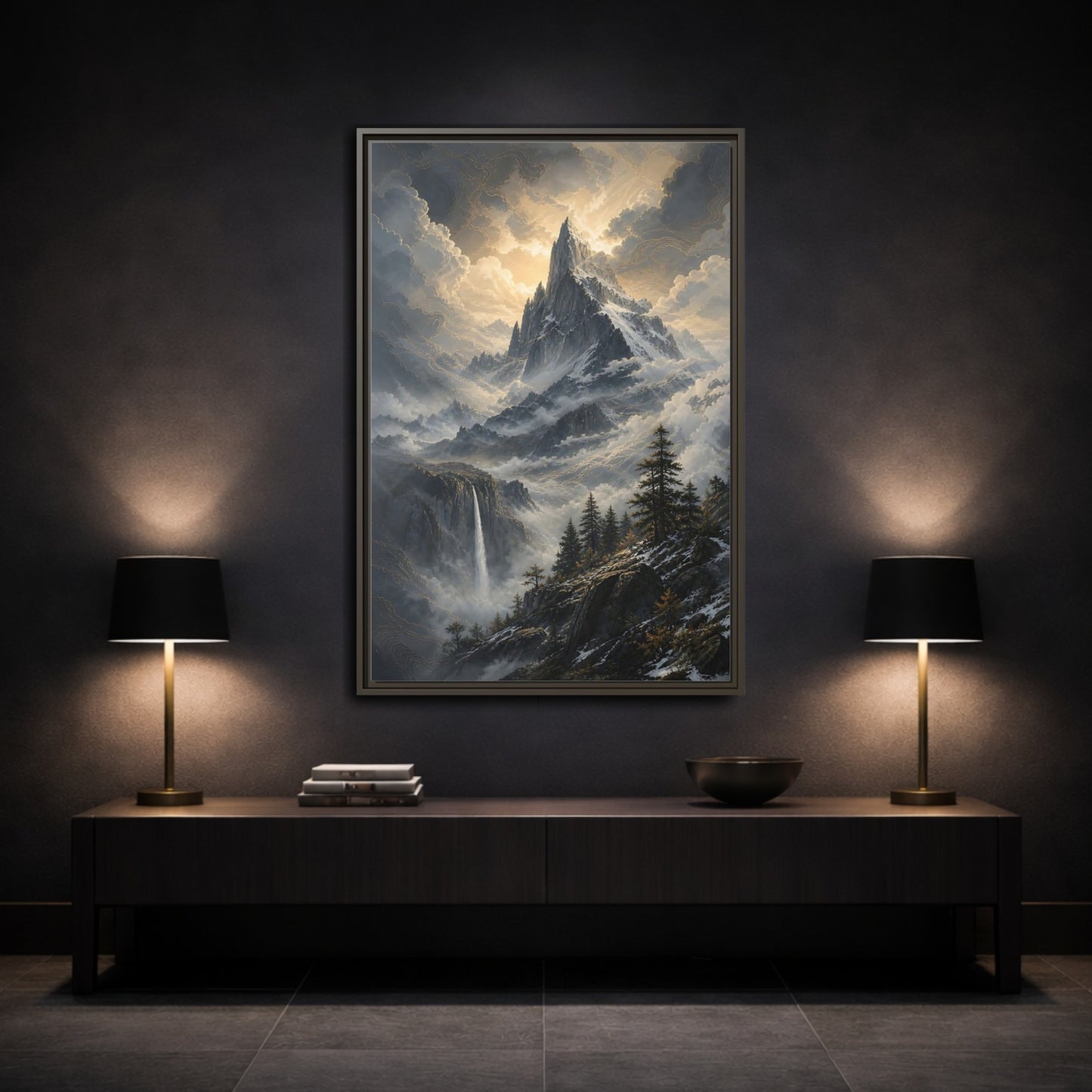 Mockup 3. Nature Mountain Dramatic Mountain Scenery shown as stretched canvas wall art
