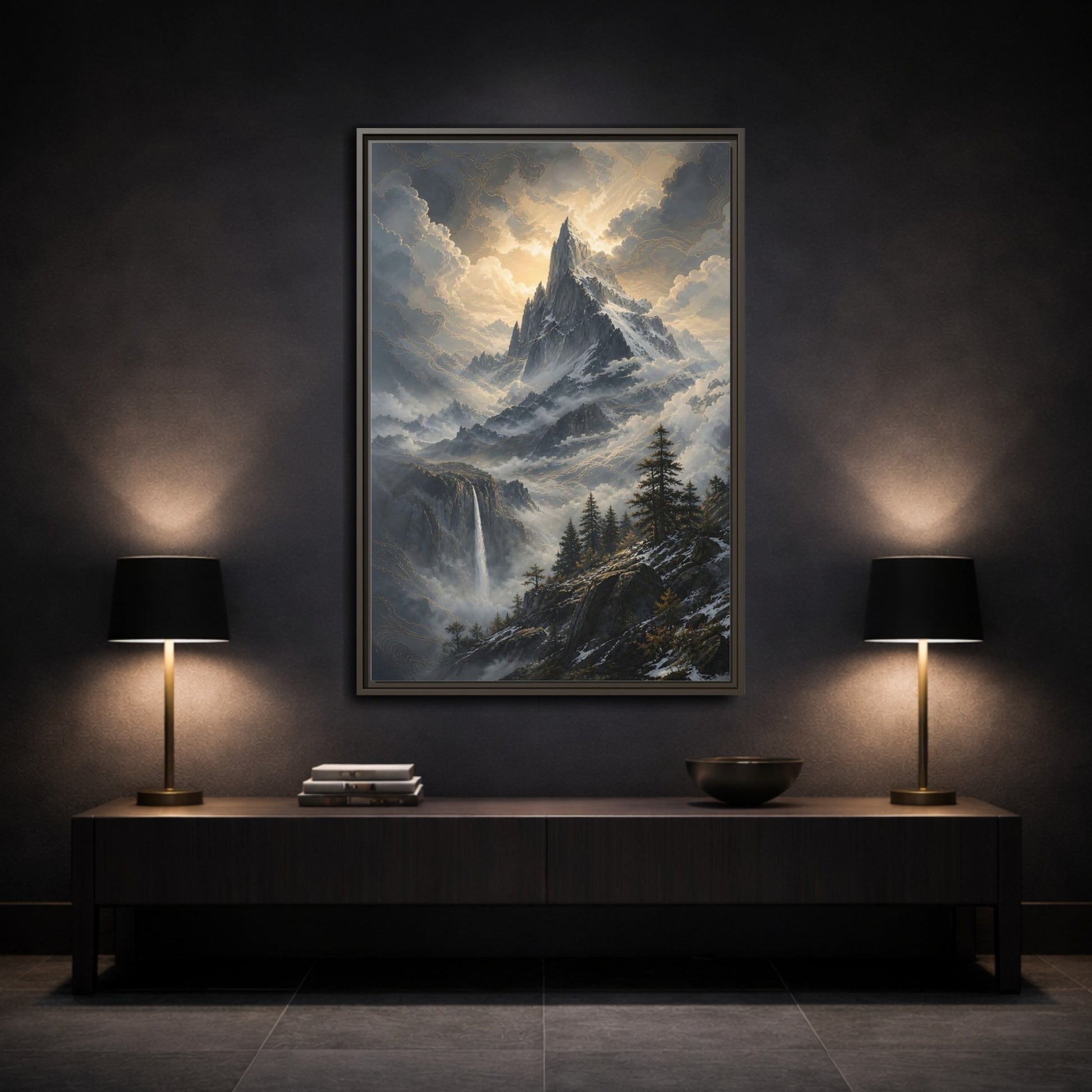 Mockup 3. Nature Mountain Dramatic Mountain Scenery shown as stretched canvas wall art