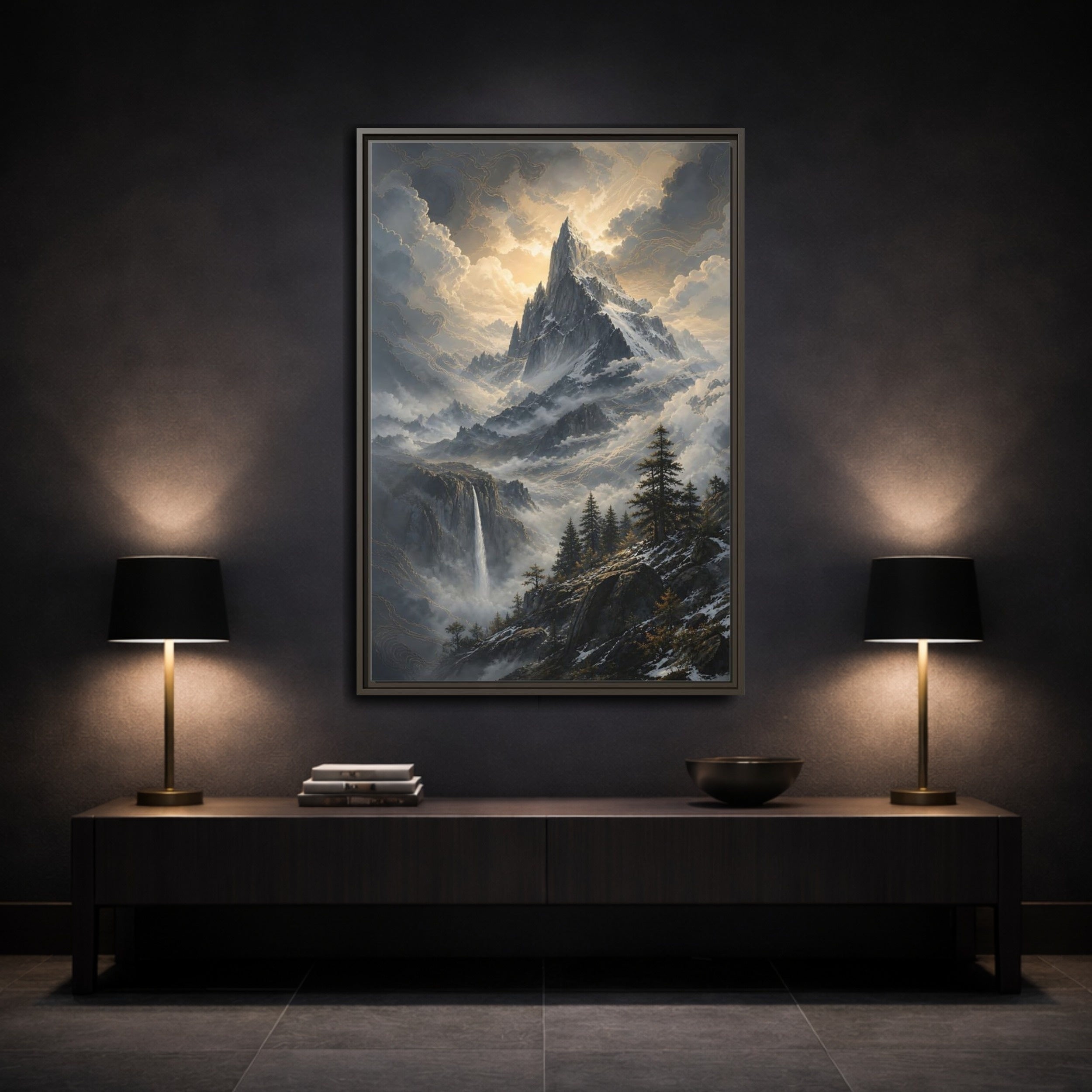 Mockup 3. Nature Mountain Dramatic Mountain Scenery shown as stretched canvas wall art