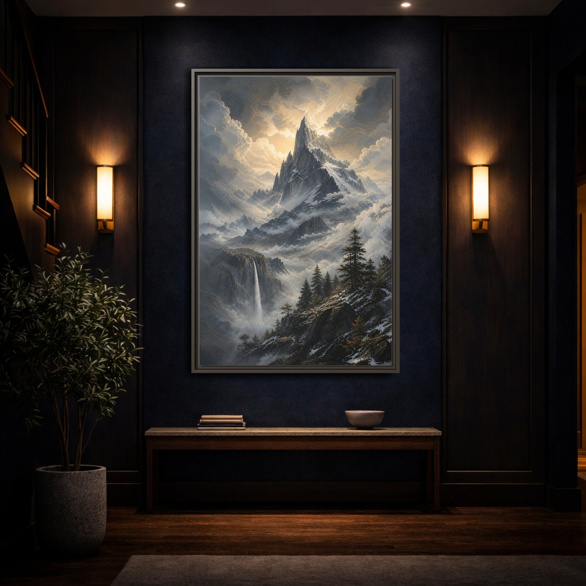 Mockup 4. Nature Mountain Dramatic Mountain Scenery shown as stretched canvas wall art