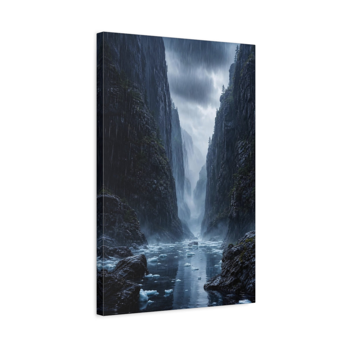 Side Mockup 3. Nature Mountain Fjord Rainy Mountain Fjord shown as stretched canvas wall art